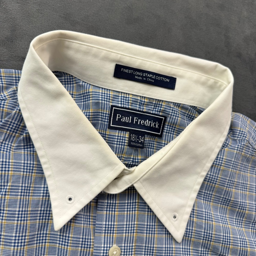 Paul Fredrick Mens 18.5 34 Plaid Cotton French Cuff Pin Collar Dress Shirt Blue - Picture 4 of 8